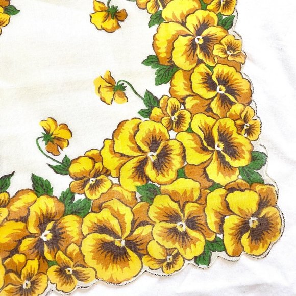 Vintage Large Handkerchief Hankie Yellow Pansies Floral Flowers 17" Square - Picture 7 of 9